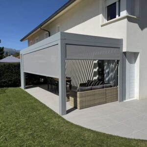 Pergola alu bioclimatique - adossée - Prévessin-Moëns (01) pergola bioclimatique a prevessin moens profil ferme